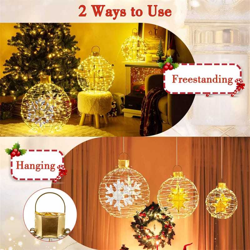 3-Pack Christmas LED Lighted Sphere Balls, Pre-Lit Lantern Balls with 732 Lights, Zip Ties & Ground Stakes, Tree Globe Lights for Indoor Outdoor Decor