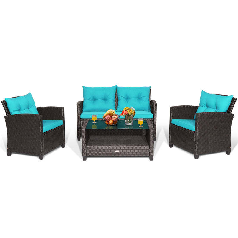 4 Piece Outdoor Rattan Furniture Set, Patio Conversation Set with Lower Shelf Coffee Table, Loveseat, 2 Cushioned Chairs for Garden Backyard