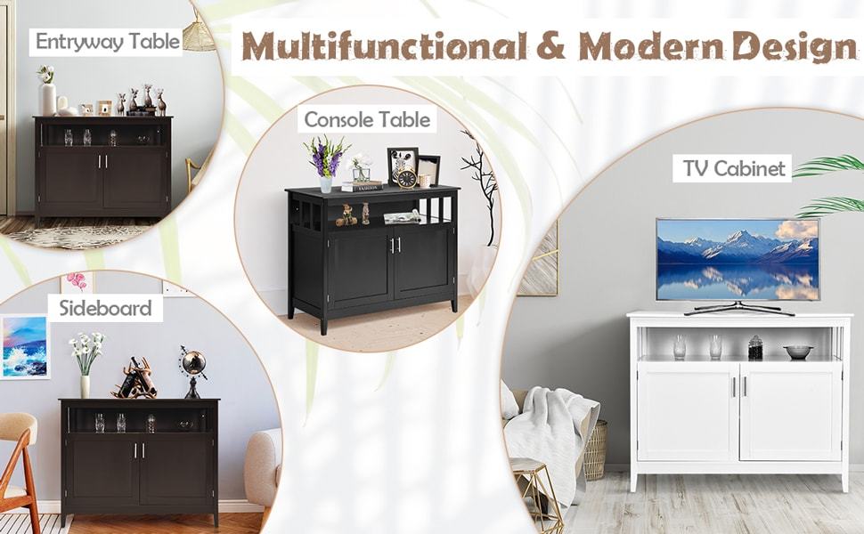 Wood Buffet Cabinet with Storage, Freestanding Kitchen Cabinet Storage Sideboard Console Table with Adjustable Shelf
