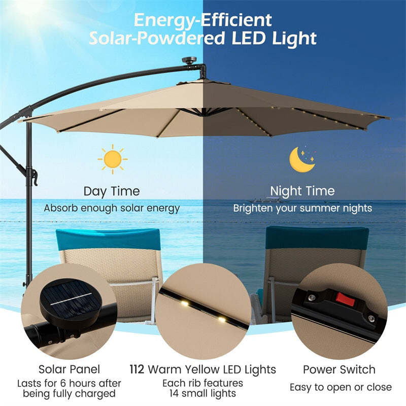 10FT Solar Lighted Cantilever Patio Umbrella Outdoor Offset Umbrella with 112 Solar Lights 8 Ribs Crank Tilt Adjustment