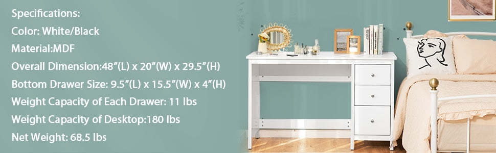 Modern Home Office Computer Desk with 3 Storage Drawers, Large Desktop, Compact Writing Study Desk, Multipurpose Laptop Workstation for Bedroom