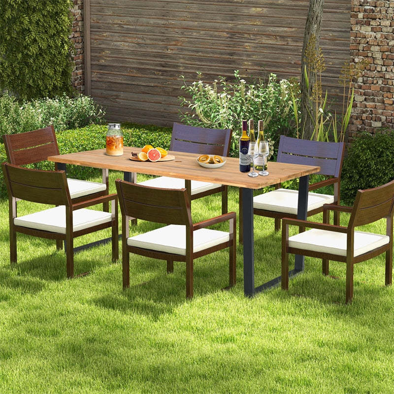 Acacia Wood Patio Dining Table 6 Person Rectangle Indoor Outdoor Table with 2” Umbrella Hole & Metal Legs
