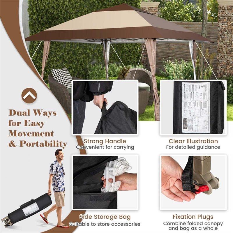 13' x 13' Pop-Up Gazebo 2 Tier Patio Gazebo Easy Setup Instant Canopy Outdoor Shelter with 4 Wheels & Carrying Bag