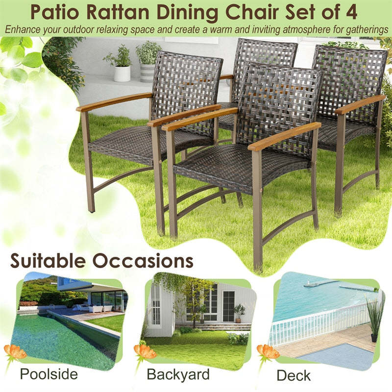 4 Pcs Outdoor PE Wicker Patio Dining Chairs Heavy-Duty Metal Frame Armchairs with Acacia Wood Armrests