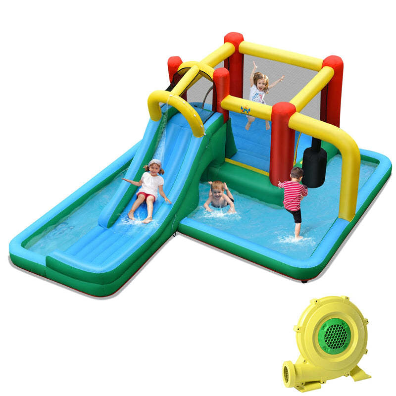 Inflatable Water Slide Kids Giant Jumping Bounce House Water Park with Splash Pool, 735W Blower, Crawling Tunnel, Pendulum for Backyard Party Fun