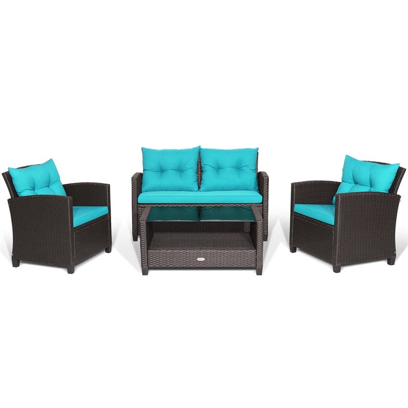 4 Piece Outdoor Rattan Furniture Set, Patio Conversation Set with Lower Shelf Coffee Table, Loveseat, 2 Cushioned Chairs for Garden Backyard