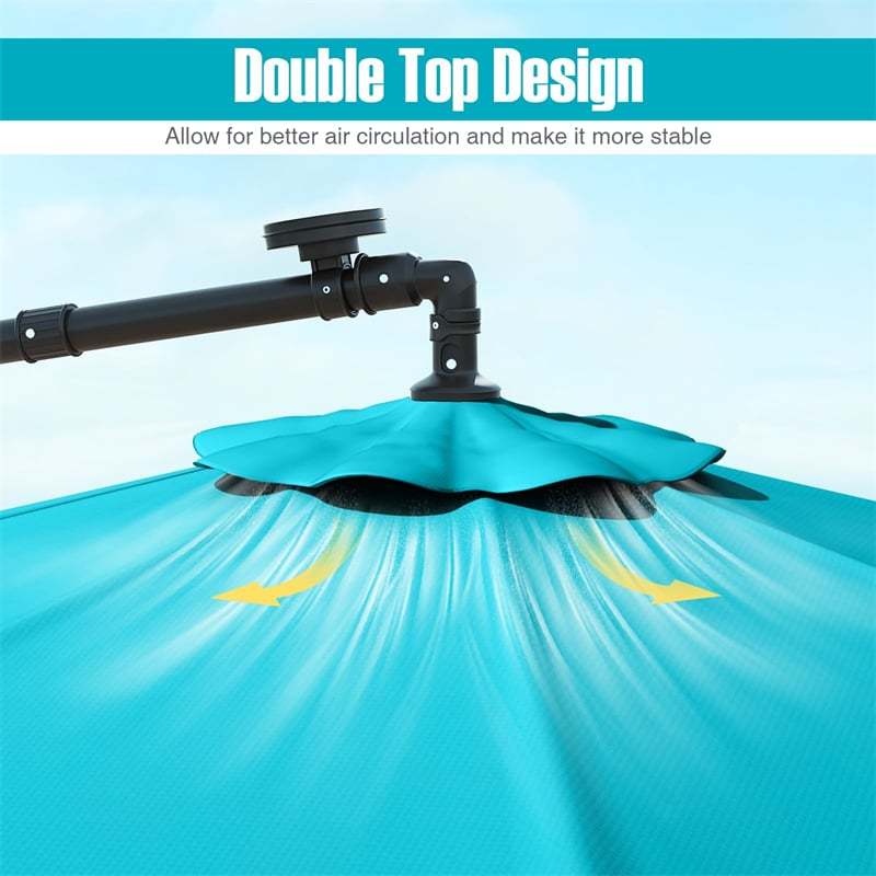 10FT Solar Offset Patio Umbrella, Hanging Cantilever Umbrella with 32 LED Lights, Adjustable Tilt, Sand Bag Base for Garden, Poolside, Yard