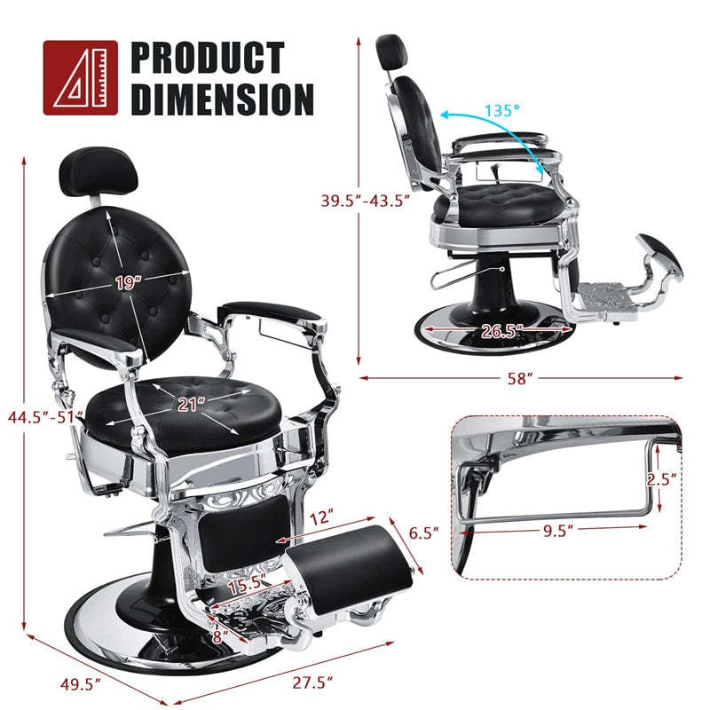 Vintage Barber Chair 360° Swivel Reclining Salon Chair Heavy Duty Hydraulic Hairdressing Styling Chair Height Adjustable with Rotated Footrest