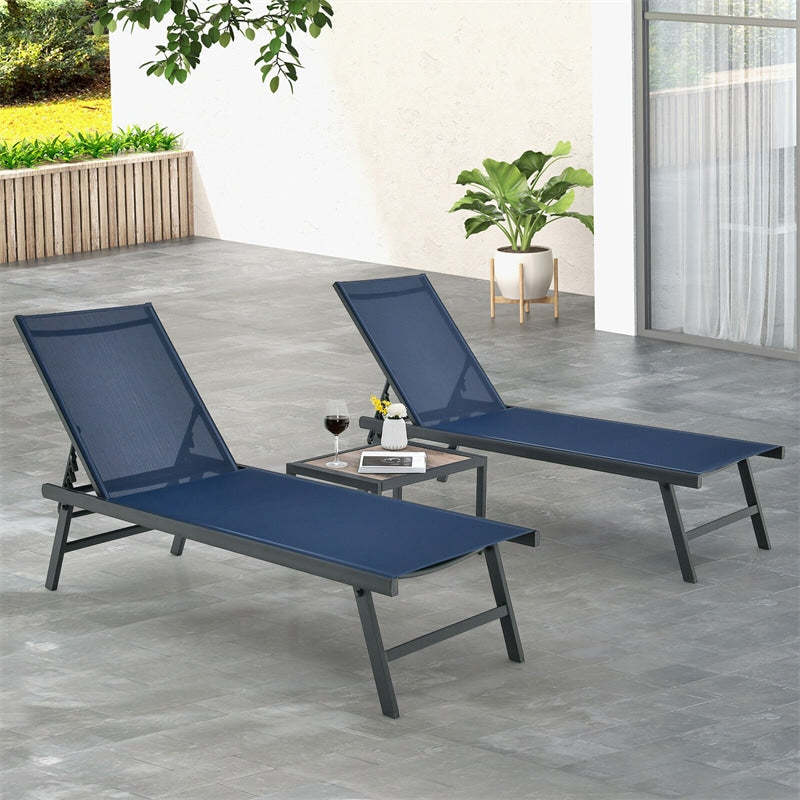 3-Piece Outdoor Aluminum Chaise Lounge Set with Side Table, 6-Position Adjustable Backrest Patio Lounge Chair for Poolside & Backyard