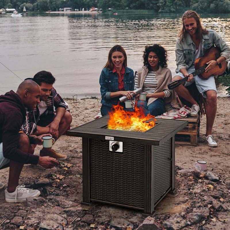 30" Square Steel Gas Fire Pit Table, 50,000 BTU Outdoor Propane Fire Pit with Lid, Lava Rocks & Waterproof Cover, CSA & ETL Certified