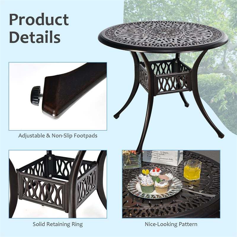 5 Piece Cast Aluminum Patio Bistro Set, All-Weather Outdoor Round Dining Table with Umbrella Hole & 4 Ergonomic Chairs for Backyard, Garden, Poolside