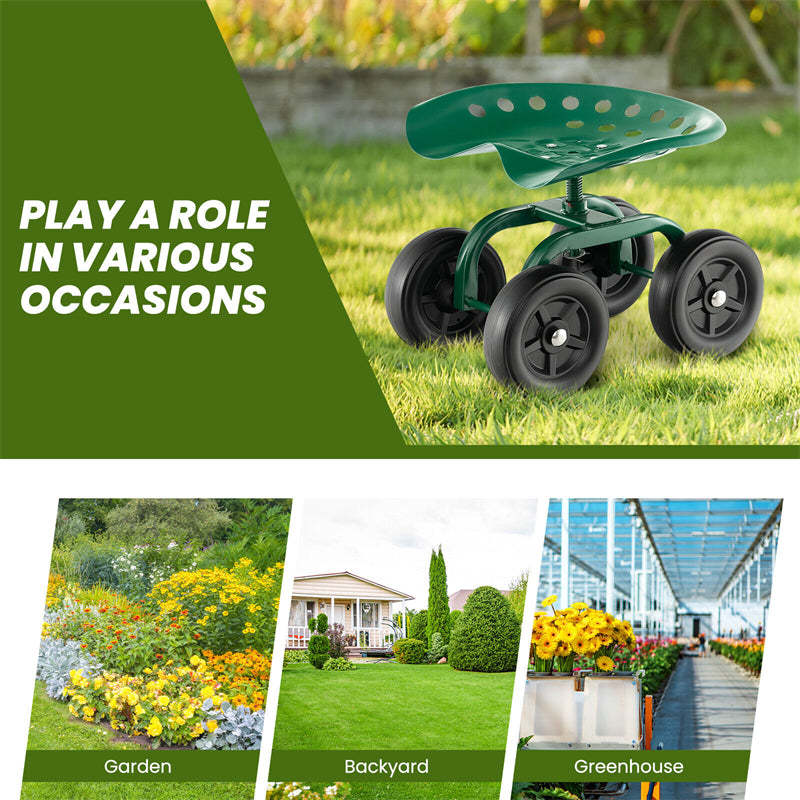 Heavy Duty Rolling Garden Cart Adjustable Height Utility Stool Cart with 360° Swivel Seat & Wheels