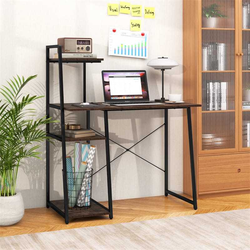 Computer Desk 47.5” Home Office Desk with Side Bookshelf & Host Stand, Metal Frame PC Laptop Workstation Study Writing Desk for Small Spaces