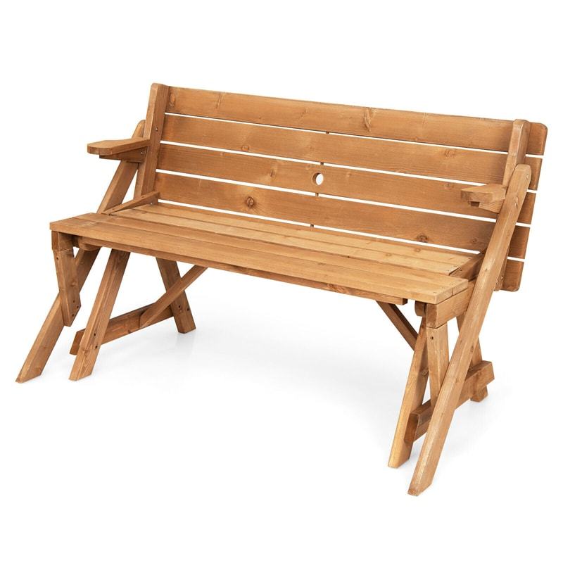 2-in-1 Convertible Wooden Picnic Table Garden Bench Set Folding Outdoor Dining Table with Umbrella Hole