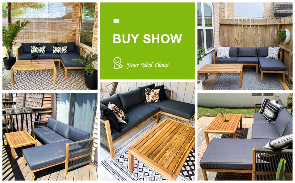 3 Piece Acacia Wood Patio Conversation Set L Shape Outdoor Furniture Set with Coffee Table