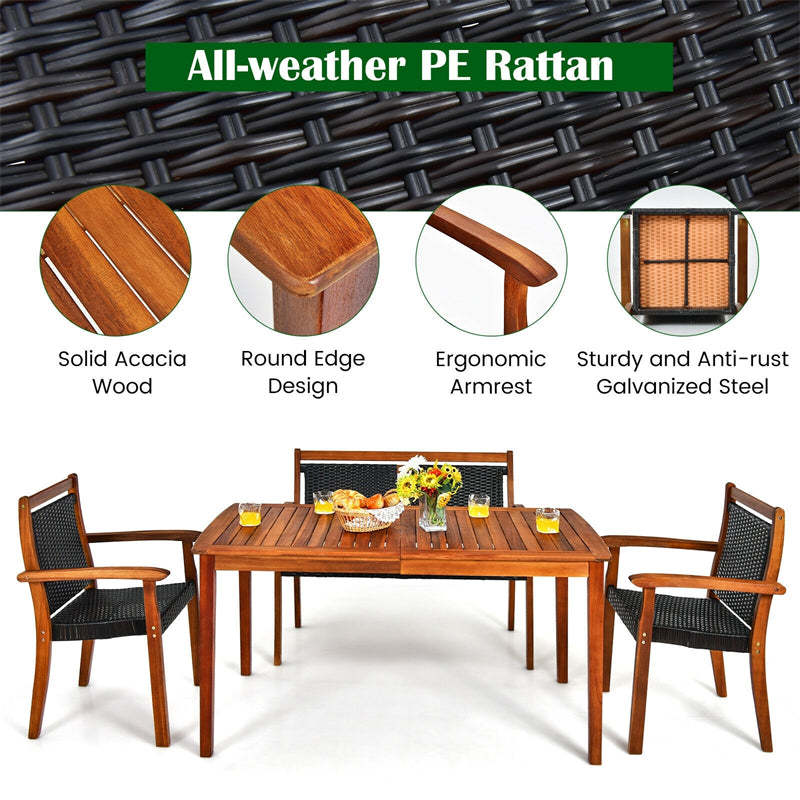 4 Piece Outdoor Rattan Patio Dining Furniture Set with Acacia Wood Table & Umbrella Hole