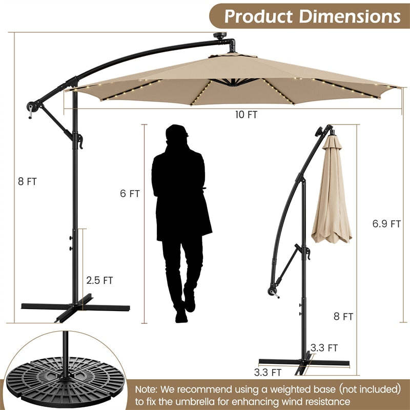10FT Solar Lighted Cantilever Patio Umbrella Outdoor Offset Umbrella with 112 Solar Lights 8 Ribs Crank Tilt Adjustment