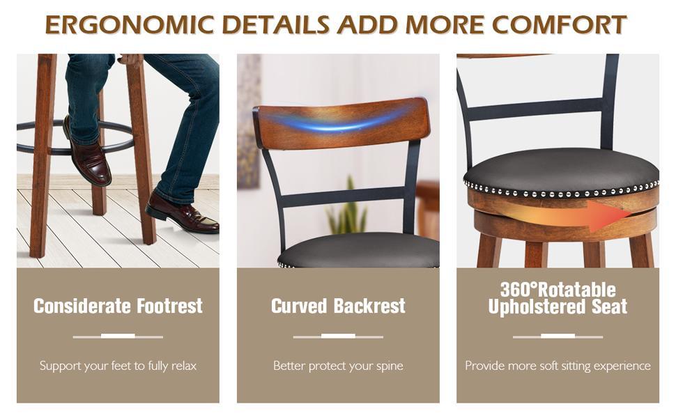 25" Bar Stools Set of 2 Swivel Counter Height Dining Chair with Leather Padded Seat