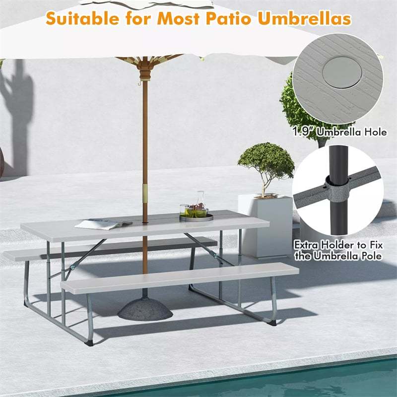 8-Person 6FT Folding Picnic Table & Bench Set, Heavy Duty All-Weather HDPE Outdoor Dining Table with Umbrella Hole & 2 Built-in Benches