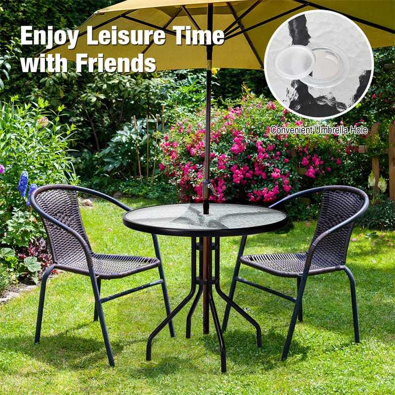 32" Round Outdoor Dining Table All Weather Patio Side Table with Umbrella Hole, Tempered Glass Top & Steel Frame