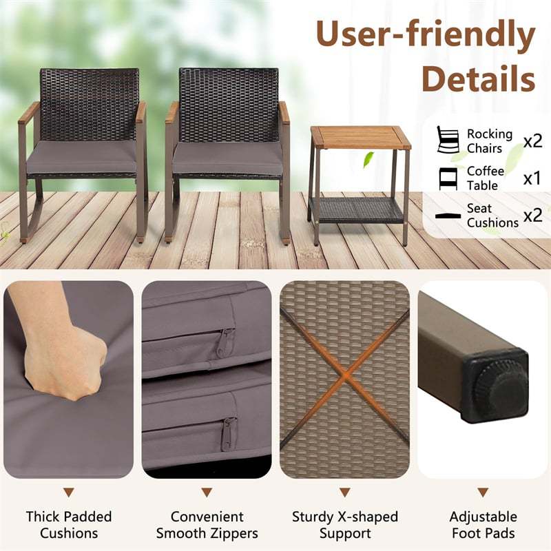 3-Piece Rattan Rocking Bistro Set w/ Cushions, Acacia Wood Top Coffee Table & Storage Shelf, Patio Conversation Set for Balcony, Porch, Poolside