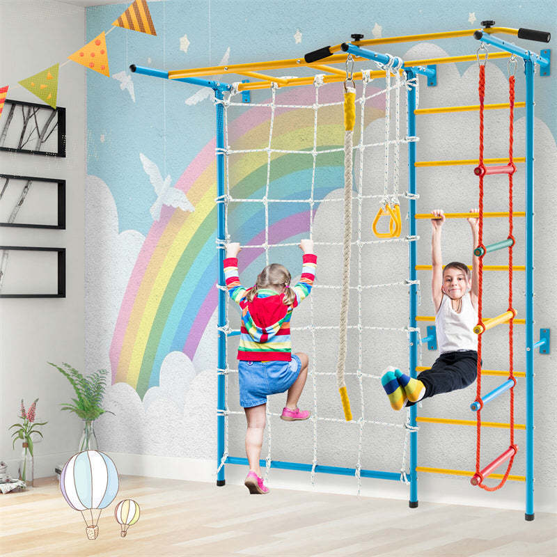 7-in-1 Kids Indoor Jungle Gym, Steel Swedish Wall Ladder Set with Pull-Up Bar, Rope & Gymnastic Rings, Home Climber Ladder Playground for Boys Girls