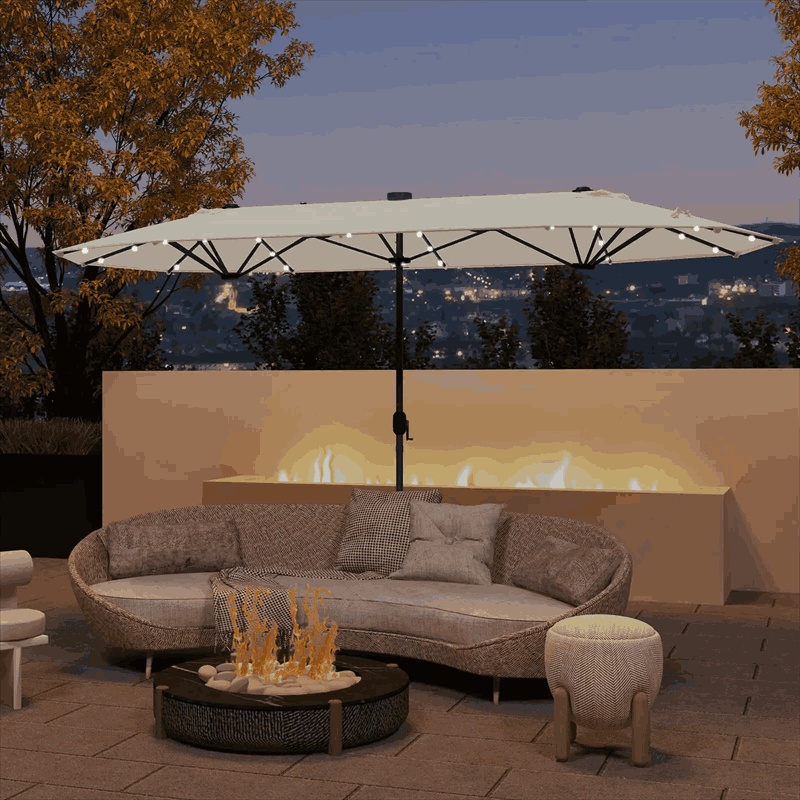 13FT Double-sided Patio Umbrella with Base, 36 Solar LED Lights & Crank Handle, Large Twin Table Umbrella for Poolside, Outdoor Dining