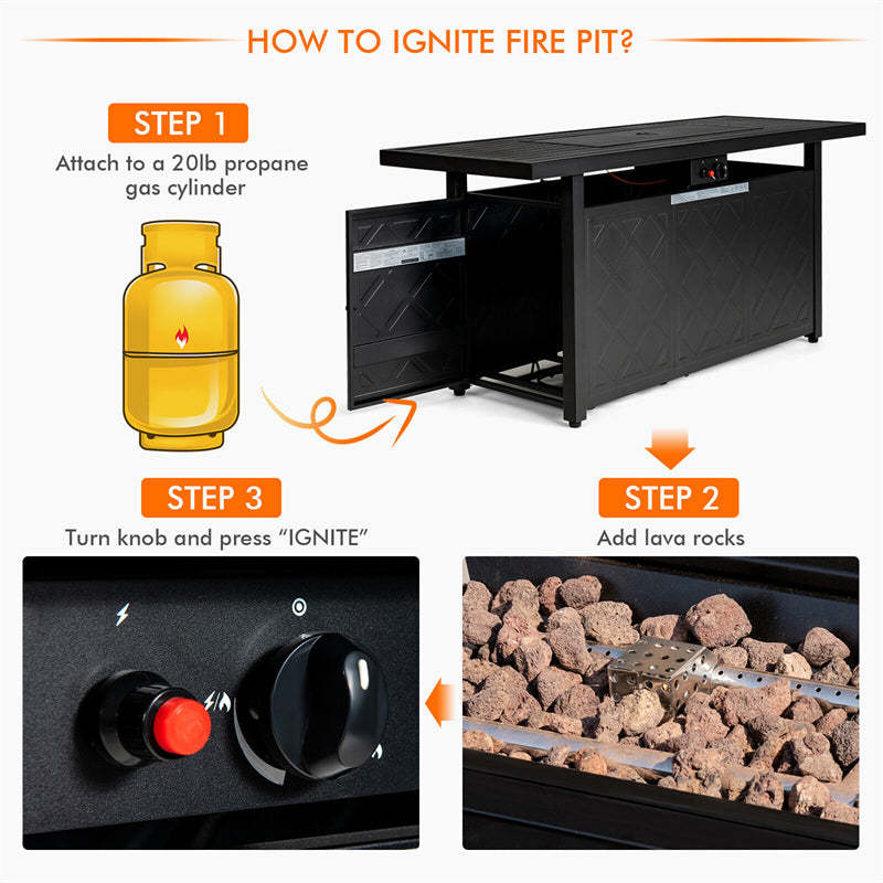 57" Rectangular Propane Fire Pit Table, 50,000 BTU Auto-Ignition Outdoor Gas Fire Pit with Removable Lid & Lava Rocks for Patio Backyard