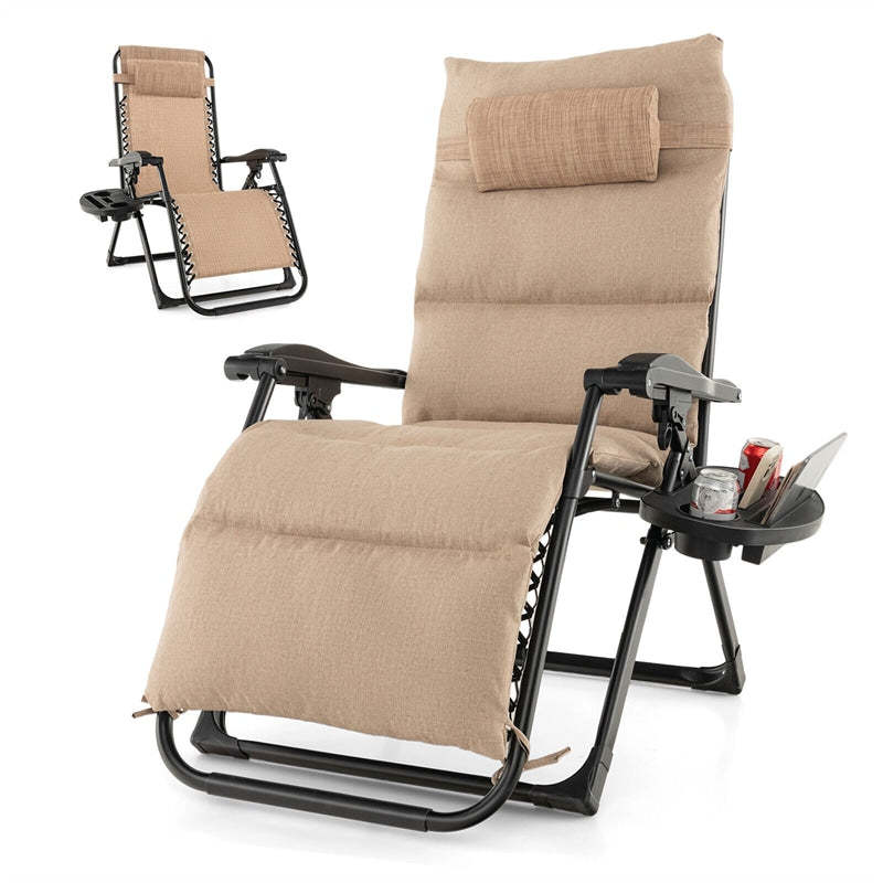 Adjustable Metal Zero Gravity Lounge Chair with Cup Holder Tray, Removable Cushion & Pillow, Folding Reclining Patio Chair for Garden Backyard
