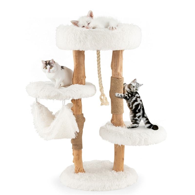 34" Tall Cat Tree Solid Wood Cat Tower Multi-Level Cat Activity Center with Warm Hammock Cozy Top Perch 2 Side Platforms & Jute Scratching Posts