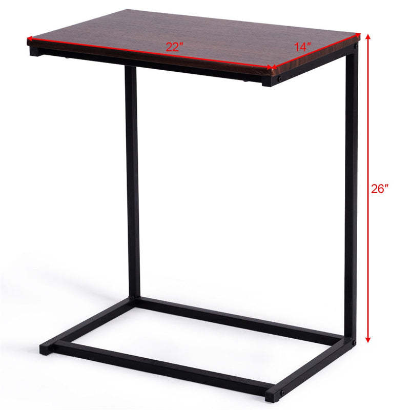 Sofa Side Table, C-Shaped End Table with Wooden Top & Steel Frame, Vintage Couch Table for Coffee, Laptop, Snack, Living Room TV Tray Table