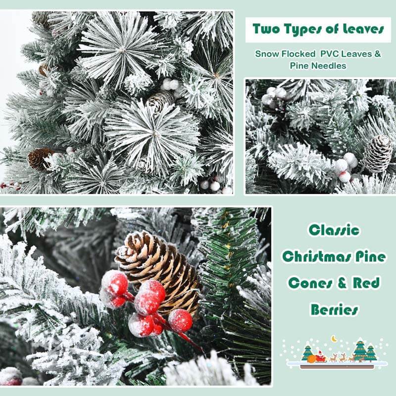 8FT Snow Flocked Christmas Tree Glitter Tips with Pine Cone and Red Berries