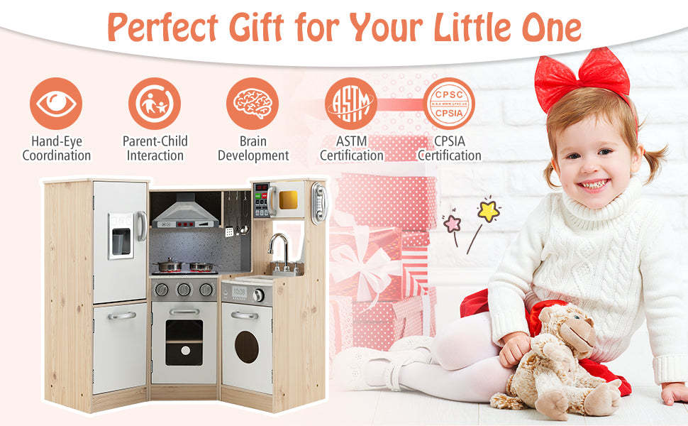 Kids Walk-in Kitchen Playset 9-in-1 Wooden Little Chef Pretend Play Kitchen Toy Set for Toddlers with Lights Sounds & Water Dispenser