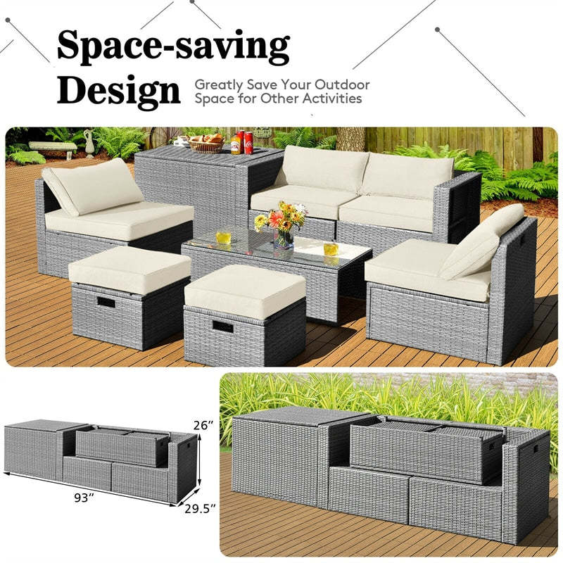 8 Piece Patio Furniture Set, PE Rattan Sectional Sofa Set with Storage Box, Ottomans, Coffee Table, Waterproof Cushions for Poolside/Balcony