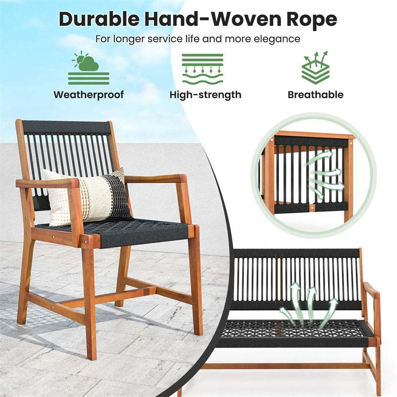 4pcs Acacia Wood Patio Chat Set with Coffee Table & Hand-Woven Rope Loveseat Chairs