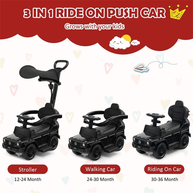 3-in-1 Push Car for Toddlers, Mercedes Benz G350 Stroller Sliding Car w/Canopy, Handle, Guardrail & Storage, Foot-to-Floor Ride-On Toy for Kids