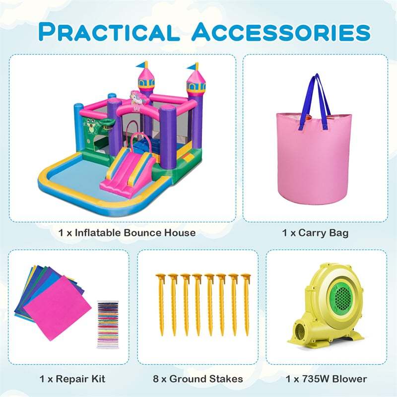 Unicorn Inflatable Bounce House 6-in-1 Giant Jumping Castle Bouncy House with Large Ball Pit & 735W Blower for Kids Indoor Outdoor Fun