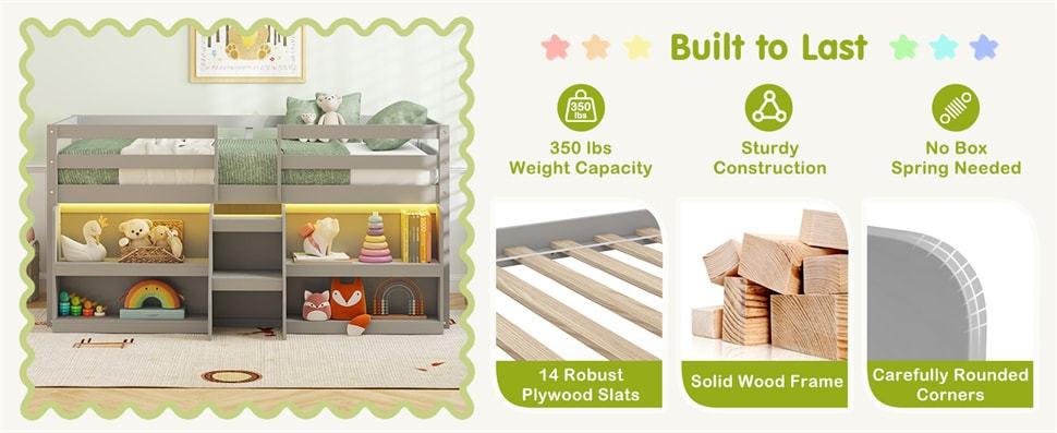 Twin Low Loft Bed for Kids, Wooden Loft Bed with Adjustable LED Lights, Stairs, Safety Guardrail, Storage Bookcase & Under Bed Play Area