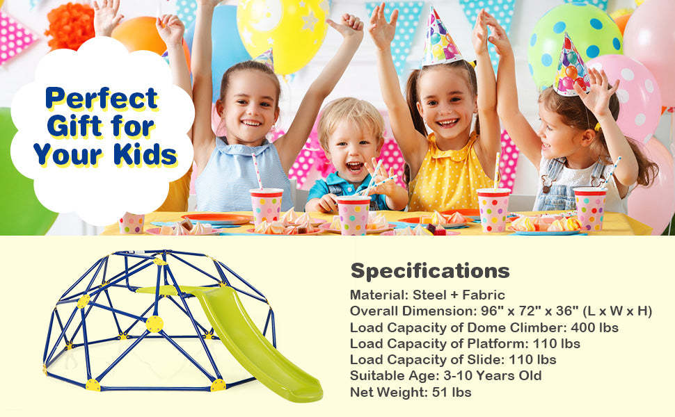 8FT Climbing Dome with Slide, 2-in-1 Geometric Dome Climber Indoor Outdoor Jungle Gym Climbing Toys for Kids & Toddlers