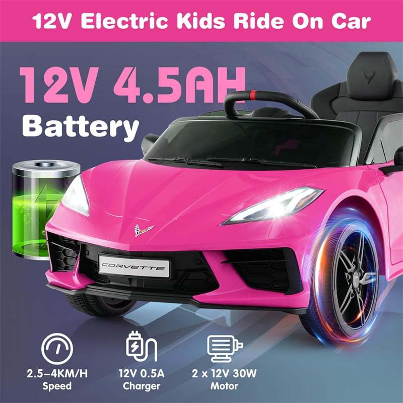 12V Kids Ride On Car Licensed Chevrolet Corvette C8 Electric Toy Car with Remote Control, Wireless Connection, Lights, Gift for Boys & Girls