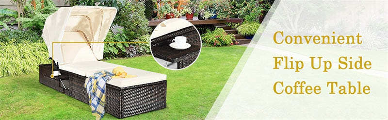 Rattan Outdoor Chaise Lounge Chair with Folding Canopy & Flip-up Tea Table