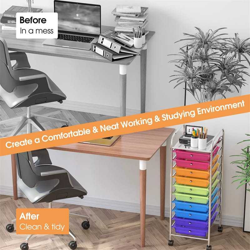 10-Drawer Rolling Storage Cart, Utility Cart with Drawers & Lockable Wheels, Mobile Art Craft Drawer Cart for Home Office, School