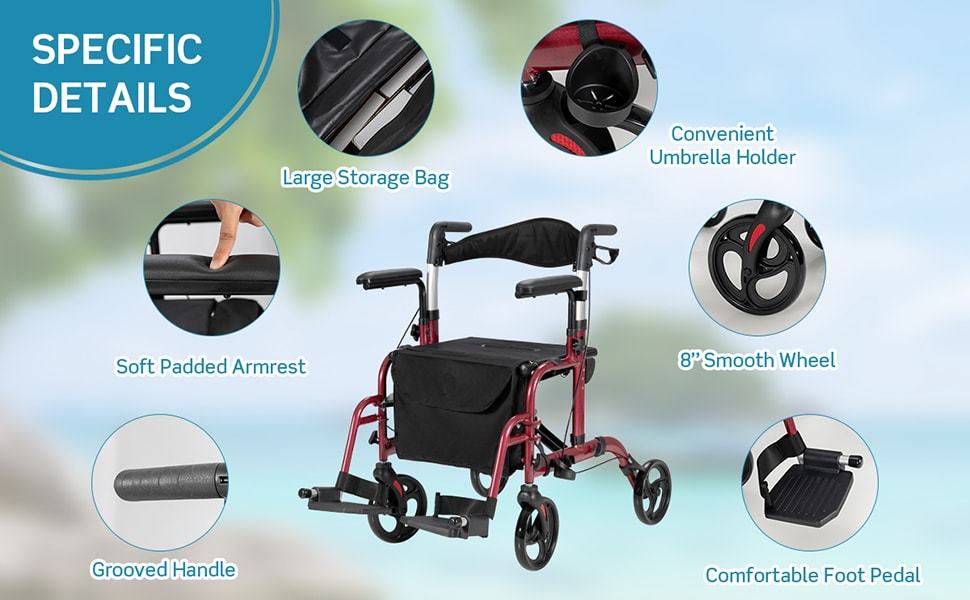 2-in-1 Folding Rollator Walker for Seniors with Seat, 8" Wheel Medical Walker Transport Wheelchair, Height Adjustable Handle, Mobility Aid