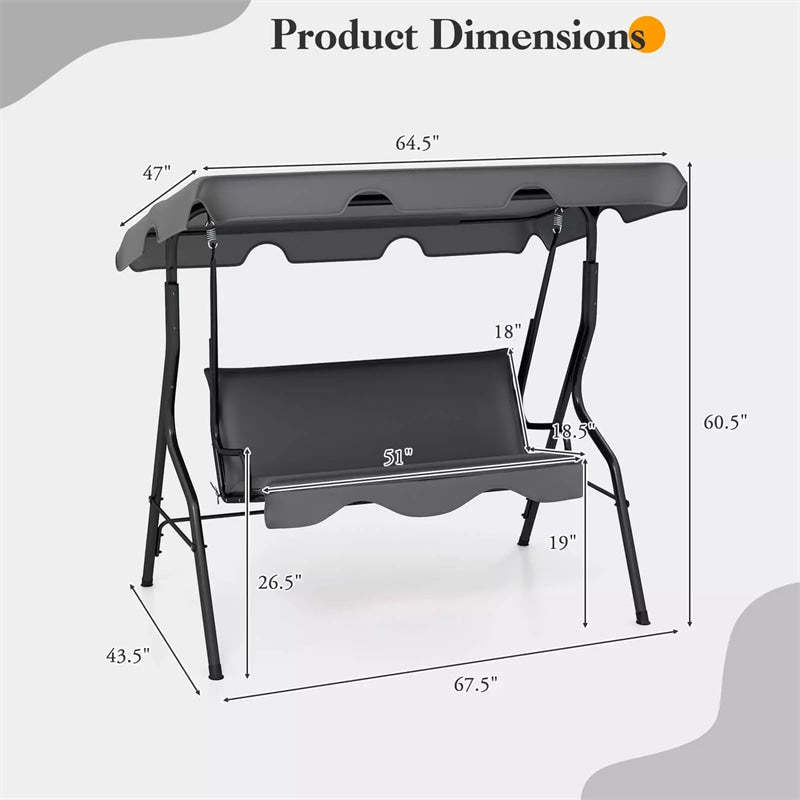 3-Seat Patio Swing with Adjustable Canopy & Removable Cushion, Powder-Coated Steel Frame Outdoor Porch Swing for Backyard, Garden, Balcony