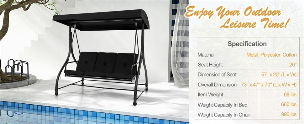 3 Seat Outdoor Porch Swing 2-in-1 Large Converting Patio Swing Glider with Adjustable Canopy & Removable Cushions for Yard Garden Balcony