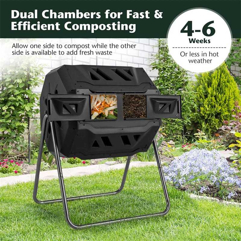 42-Gallon Dual Chamber Compost Tumbler, Rotating Outdoor Composter with Sliding Doors & Gloves, Metal Frame Compost Barrel for Garden Yard