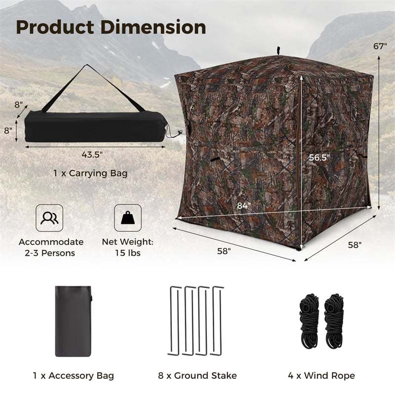 One-Way See-Through Hunting Blind 360 Degree Ground Blind 2-3 Person Camouflage Turkey Hunting Tent with Full-Open Door, Carrying Bag