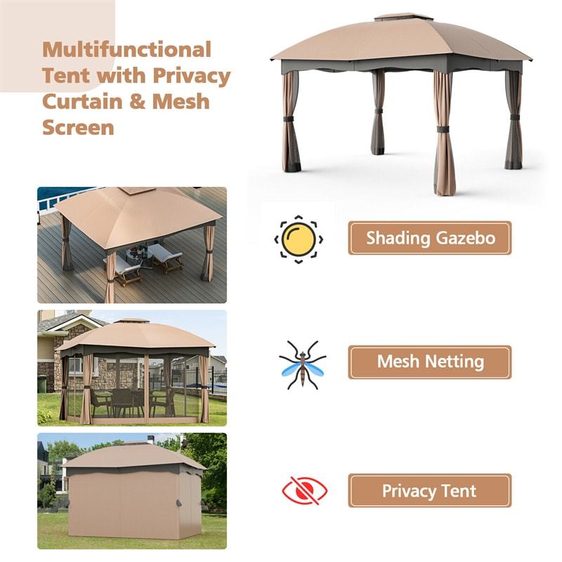 2 x 10FT Heavy Duty Steel Patio Gazebo, Double Vented Outdoor Canopy with Mesh Screen Netting & Zippered Privacy Curtains for Deck Garden Yard