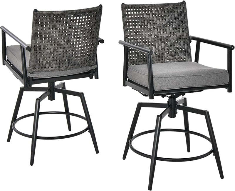 Outdoor 360° Swivel Bar Stools Set of 2 with PE Rattan Back, Removable Cushions, Metal Frame Counter Height Bar Chairs for Patio, Deck, Backyard