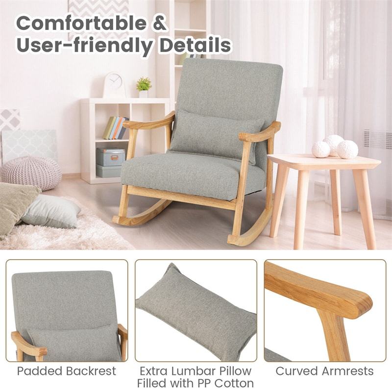 Upholstered Rocking Chair with Rubber Wood Frame, Lumbar Pillow, Padded Seat & Backrest, Modern Rocker for Living Room, Bedroom, Nursery, Office